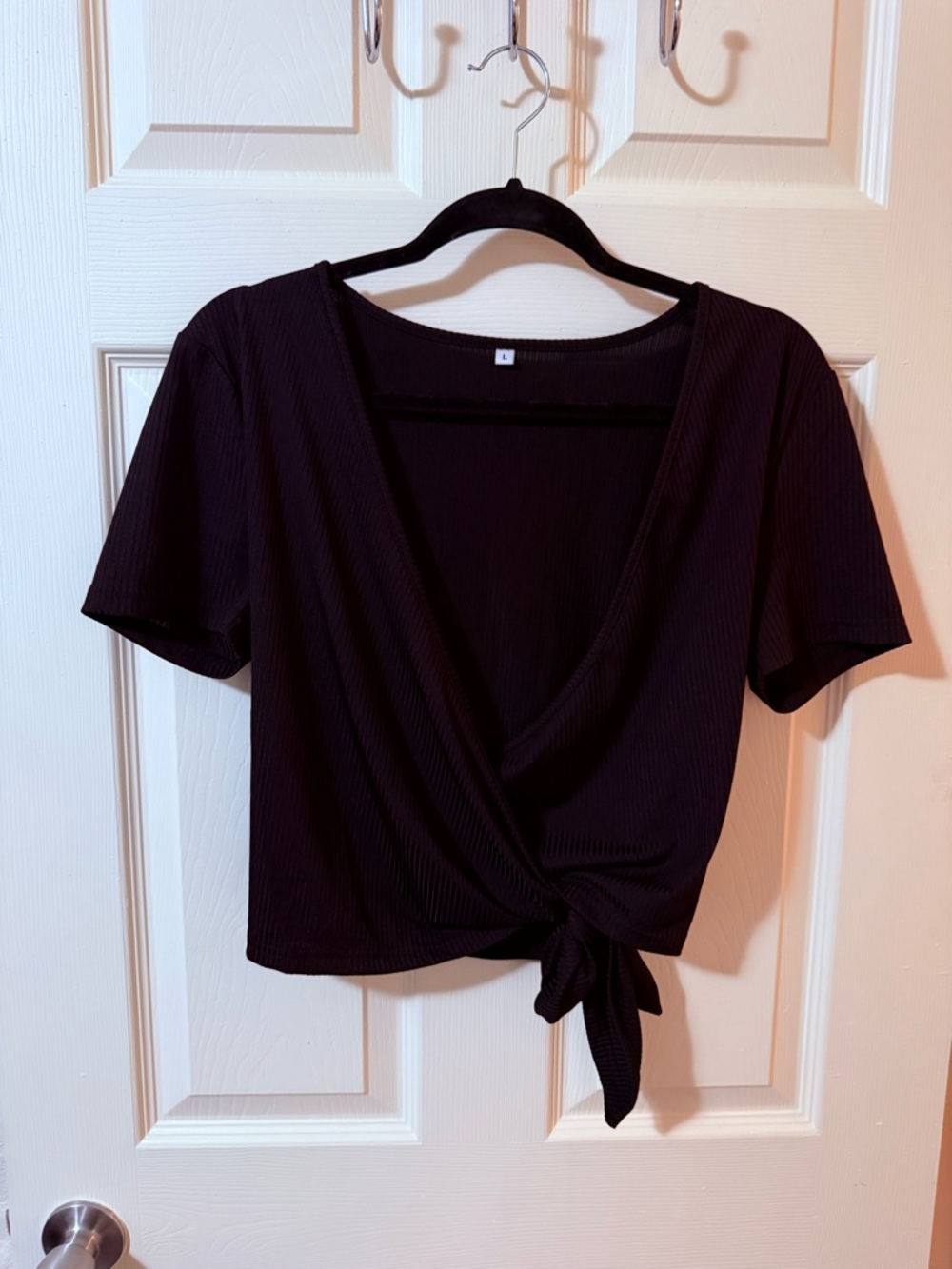 Black Ribbed Tie-Front Wrap Crop Top